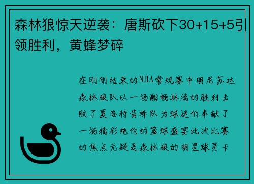 森林狼惊天逆袭：唐斯砍下30+15+5引领胜利，黄蜂梦碎